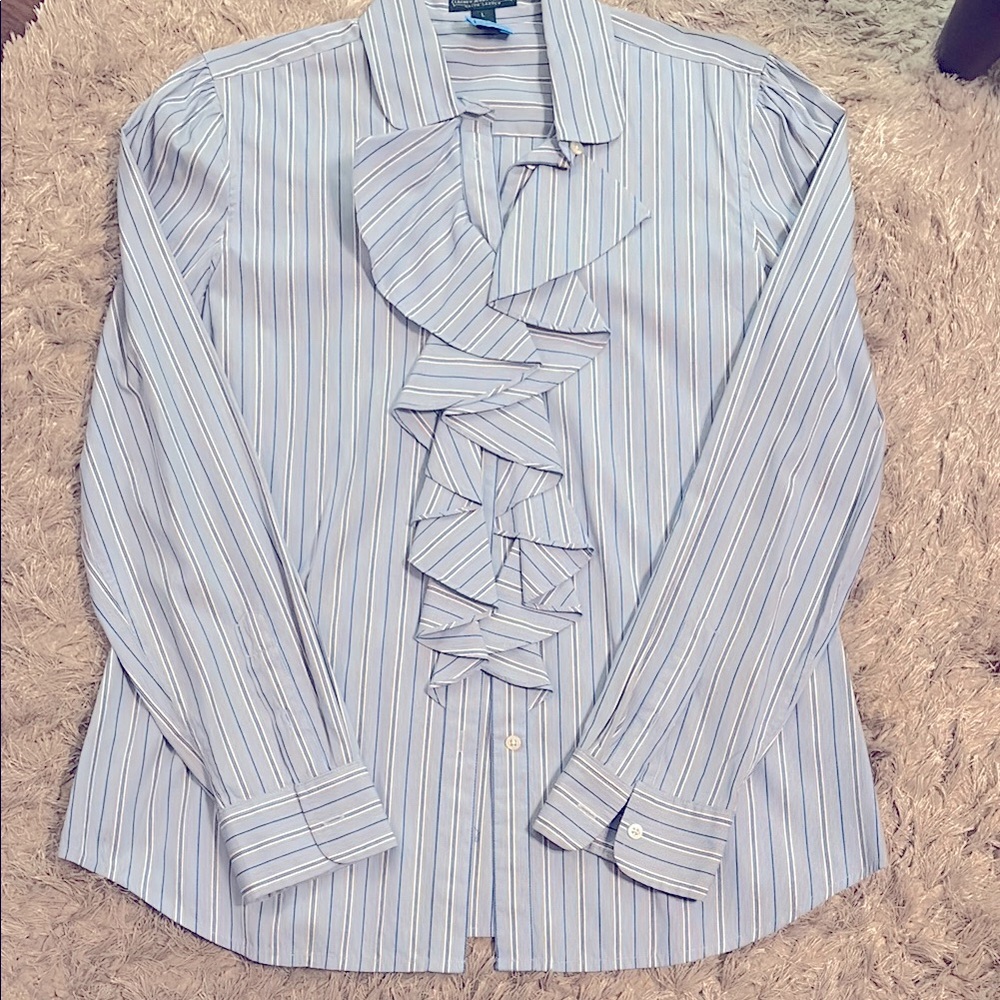 Ralph Lauren Blue and White Dress Shirt with Ruffle Detail